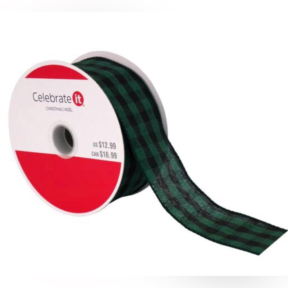 Christmas green Buffalo check Wired Edge Ribbon 1.5” x 30ft